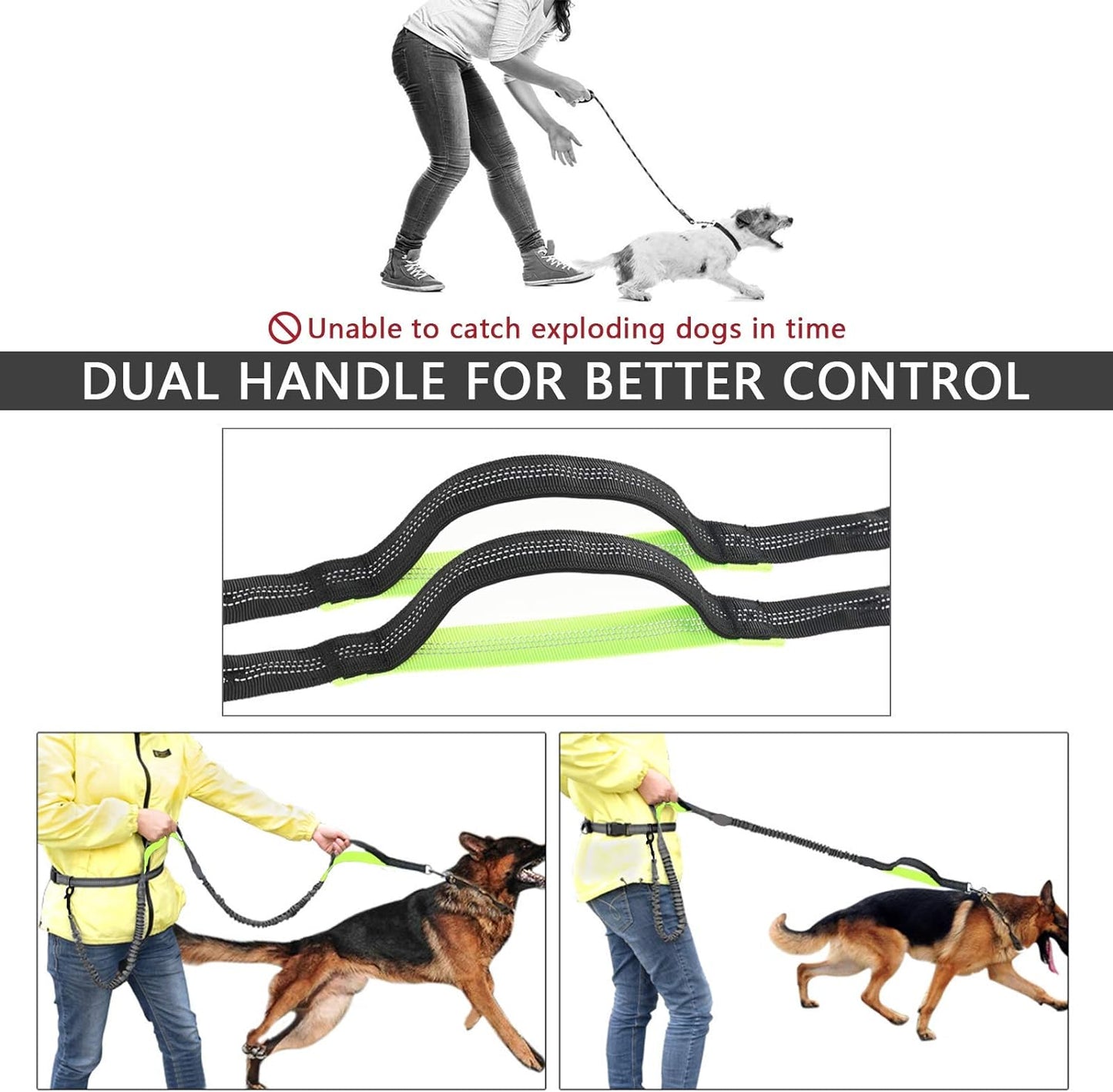 Hands Free Dog Leash, Suitable for Running Walking Jogging Hiking, Training for Small Medium and Large Dogs, Adjustable Waist Belt, Dual-Handle Reflective Bungee, Zipper Pouch. (Black W Green)